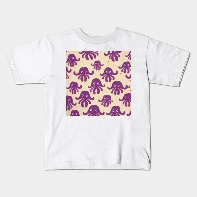 A fun vividly colored pattern of cute pink octopi and hearts swimming around the ocean  in a cartoonish minimalist style inspired by credit scenes anime movie and television series.  Thank you for supporting an indie artist! Kids T-Shirt by JensenArtCo